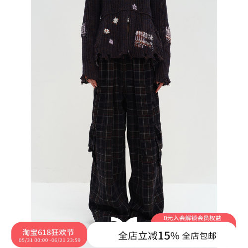 SQUARE CIRCLE 方圆羊毛呢格纹复古褶量感秋冬宽松休闲工装裤长裤