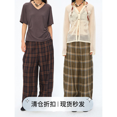 Square Circle 方圆撞色格纹低档腰部堆褶设计感亚麻阔腿长裤