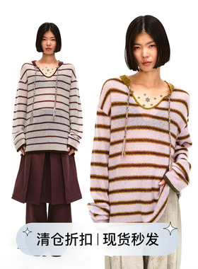 Square Circle方圆绵羊毛羊驼毛混纺编织绑绳软糯拼色条纹毛衣