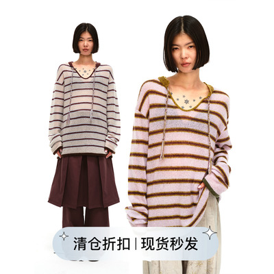 编织绑绳软糯拼色条纹毛衣