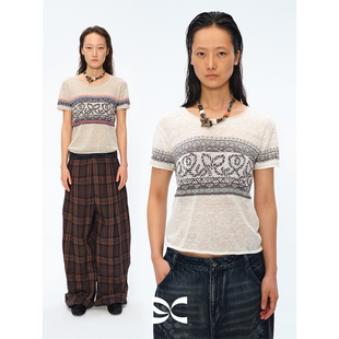 短袖 方圆波西米亚针织提花陶瓷串珠短款 上衣 Circle Square