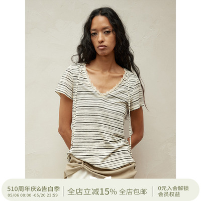 SQUARE CIRCLE 方圆V领蕾丝拼接撞色条纹串珠系带收腰休闲短袖T恤