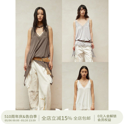 SQUARE CIRCLE 方圆V领蕾丝亚麻度假感叠穿中长款吊带背心上衣