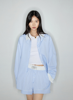 square circle方圆 蓝色条纹廓形感拼色衬衣女设计感小众短裤套装