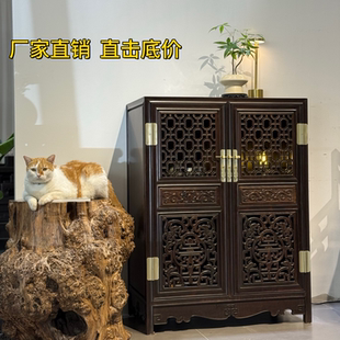 紫光檀 镂空捧寿方角柜 明式实木中式客厅书房储物柜餐边柜收纳柜