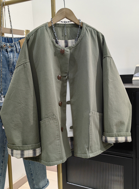 复古军绿色圆领工装外套女秋装新款宽松大码显瘦休闲纯棉夹克上衣