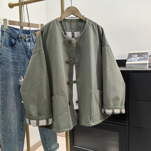 宽松大码 新款 显瘦休闲纯棉夹克上衣 外套女秋装 复古军绿色圆领工装