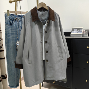 灯芯绒撞色浅灰色风衣女中长款 韩系休闲超好看小个子百搭上衣外套