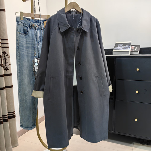 灰色全棉风衣过膝盖长款外套女秋