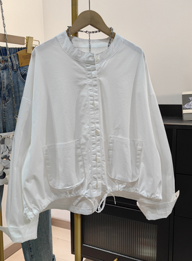 韩系立领白色衬衫女春新款宽松双口袋抽绳收腰设计感小众纯棉上衣