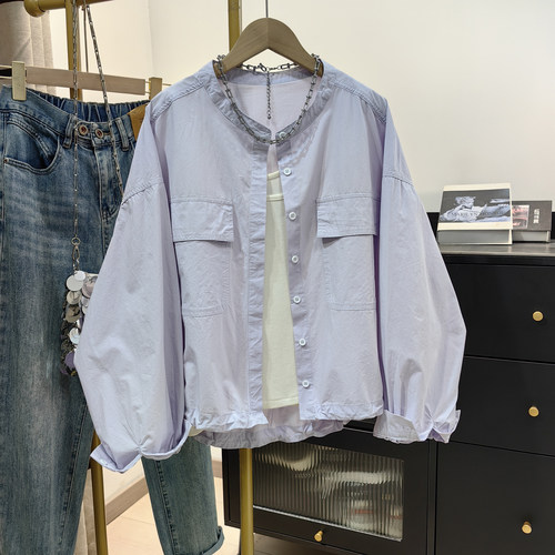 浅紫色全棉圆领短款衬衫女春夏新品宽松慵懒风小个子工装衬衣外套