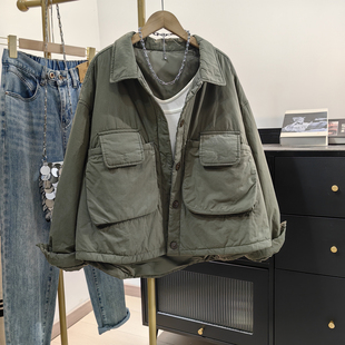 小个子工装风翻领棉服女2025冬新款大口袋宽松显瘦复古夹棉短外套