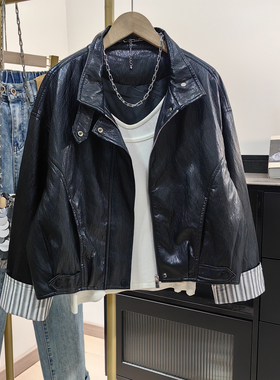 2026春装黑色复古皮衣女短款宽松拼接条纹袖小个子机车皮夹克外套