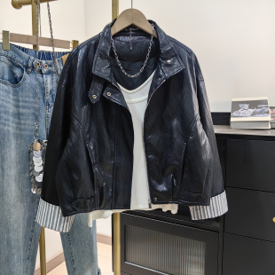 小个子机车皮夹克外套 宽松拼接条纹袖 2026春装 黑色复古皮衣女短款