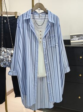 纯棉条纹衬衫女夏新款轻薄中长款挽袖防晒上衣蓝色显白衬衣外套潮