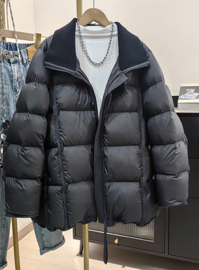 黑色针织毛衣领白鸭绒羽绒服女2026冬新款面包服宽松保暖外套