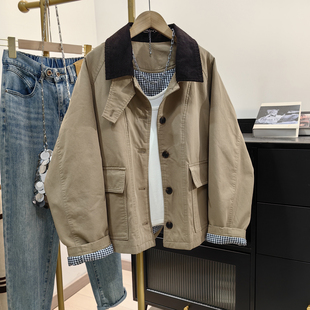 巴恩风夹棉工装风衣女秋冬新款美式复古撞色小个子休闲棉服短外套