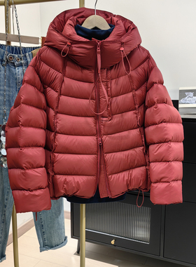 红色排骨连帽羽绒服女冬新款韩版休闲小个子90白鸭绒面包服短外套