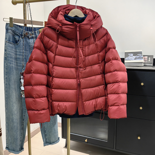 红色排骨连帽羽绒服女冬新款韩版休闲小个子90白鸭绒面包服短外套
