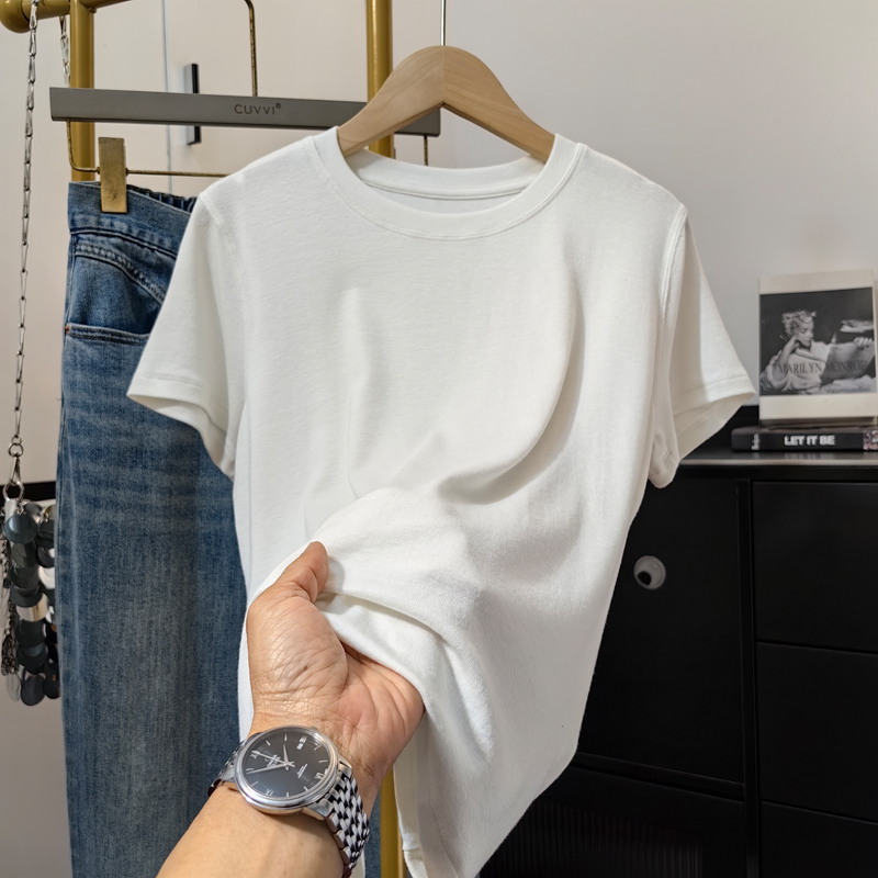 圆领白色天丝正肩短袖T恤女夏季