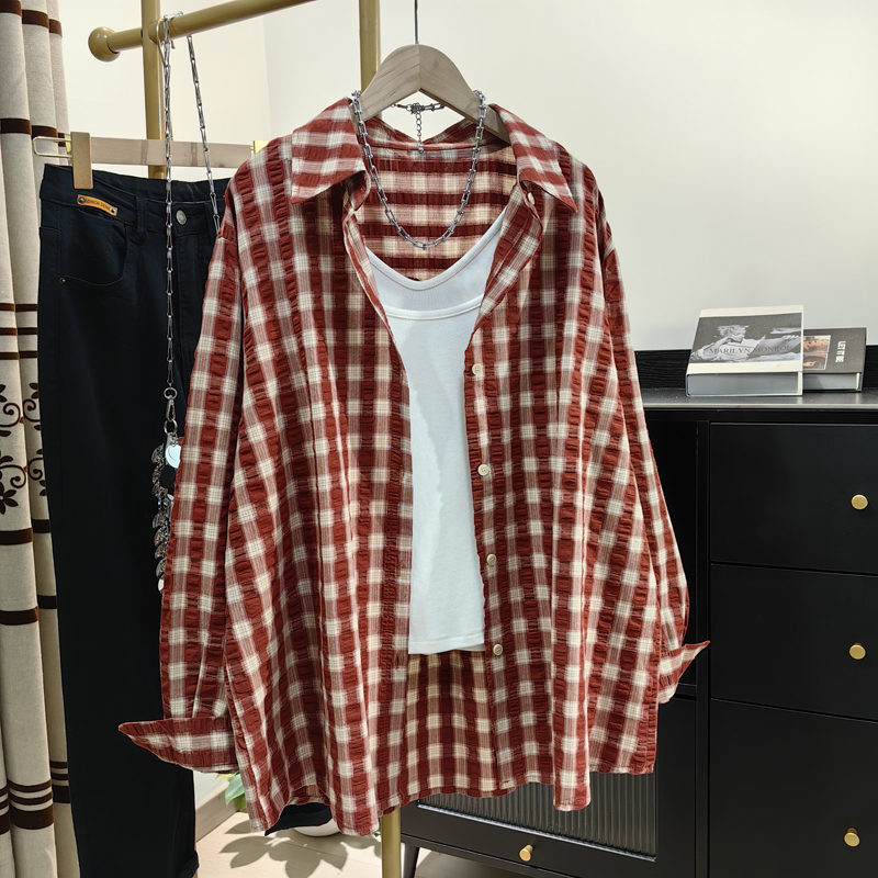 泡泡棉红色格子衬衫长袖春季新款