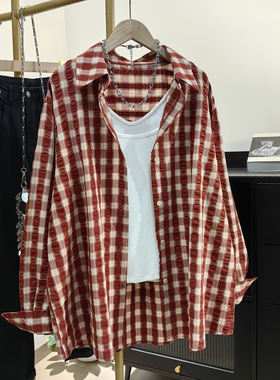 泡泡棉红色格子衬衫女长袖春季新款美式复古痞帅格纹上衣防晒外套