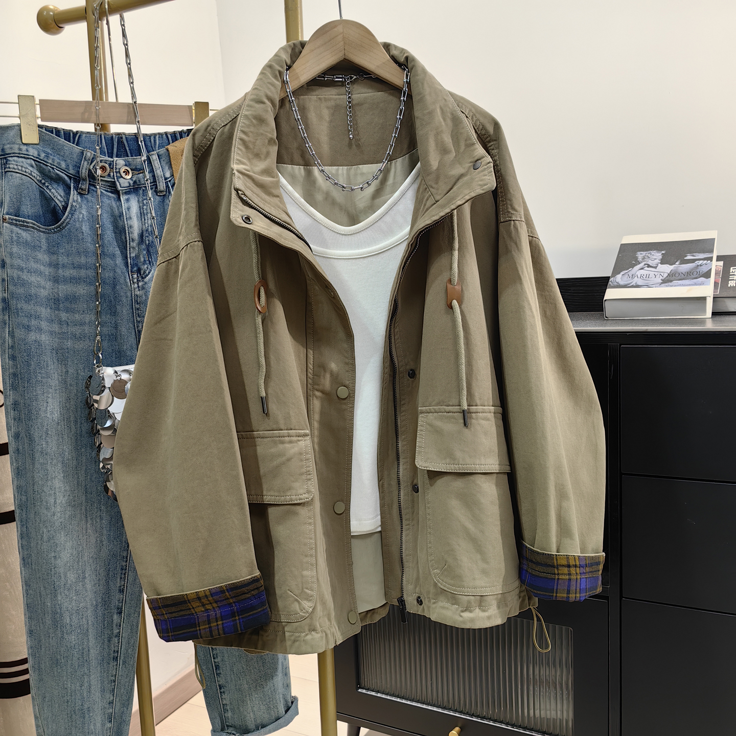 秋装新款卡其色工装外套女宽松bf