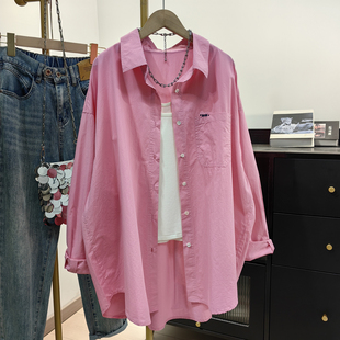 阔版落肩袖粉色衬衫女2026春夏新款韩系休闲宽松防晒纯棉上衣外套