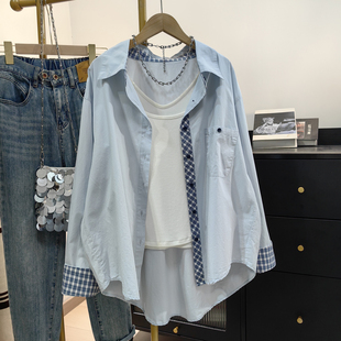 休闲宽松今年流行 韩版 漂亮衬衣外套 女春夏新款 格子拼接纯棉衬衫