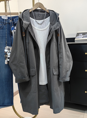 高级感灰色连帽纯棉风衣女中长款韩系休闲慵懒风宽松上衣大版外套