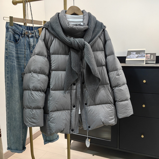 连帽围脖加立领羽绒服两件套2025冬新款韩系宽松90白鸭绒保暖外套