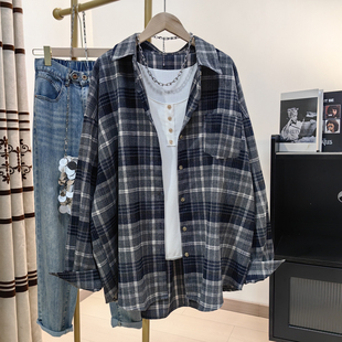 磨毛格子衬衫女长袖美式复古慵懒风宽松上衣秋季新品洋气开衫外套