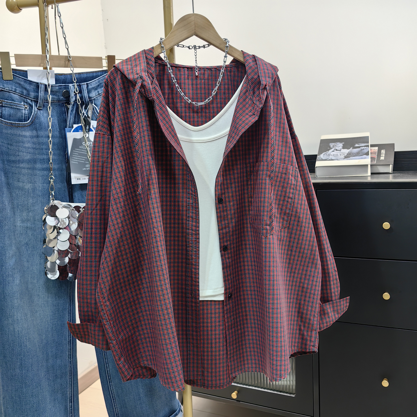 大版连帽格子衬衫女宽松慵懒外套