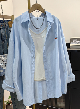 浅蓝色纯棉衬衫女秋新款韩系休闲慵懒风刺绣后背开叉百搭衬衣外套