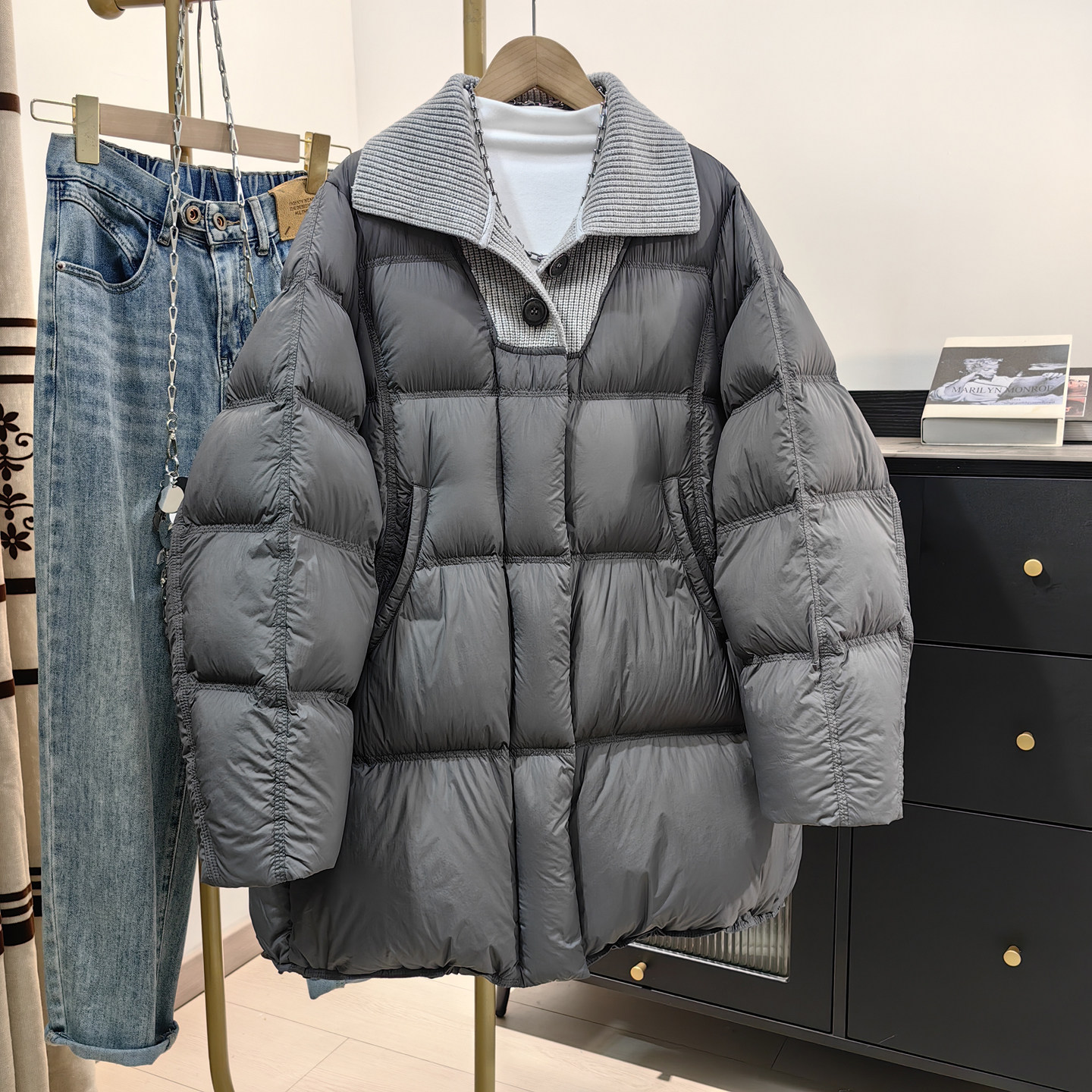 针织毛衣翻领拼接羽绒服女中长款冬季新品韩系休闲宽松百搭厚外套