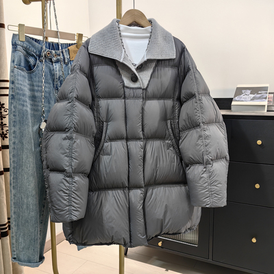 针织毛衣翻领拼接羽绒服女中长款