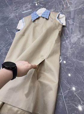 miu系学院风假两件纯棉拼接格纹翻领可拆卸领无袖连衣裙女秋装