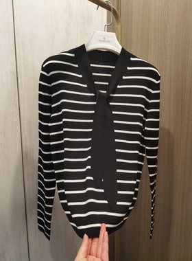 飘带装饰亲肤裸感16针120S双股扬子纱羊毛套头条纹针织衫女2023春