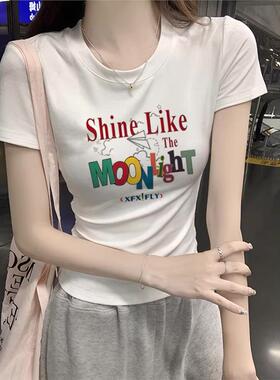 白色圆领正肩纯棉短袖t恤女美式潮牌卡通字母印花休闲百搭上衣女