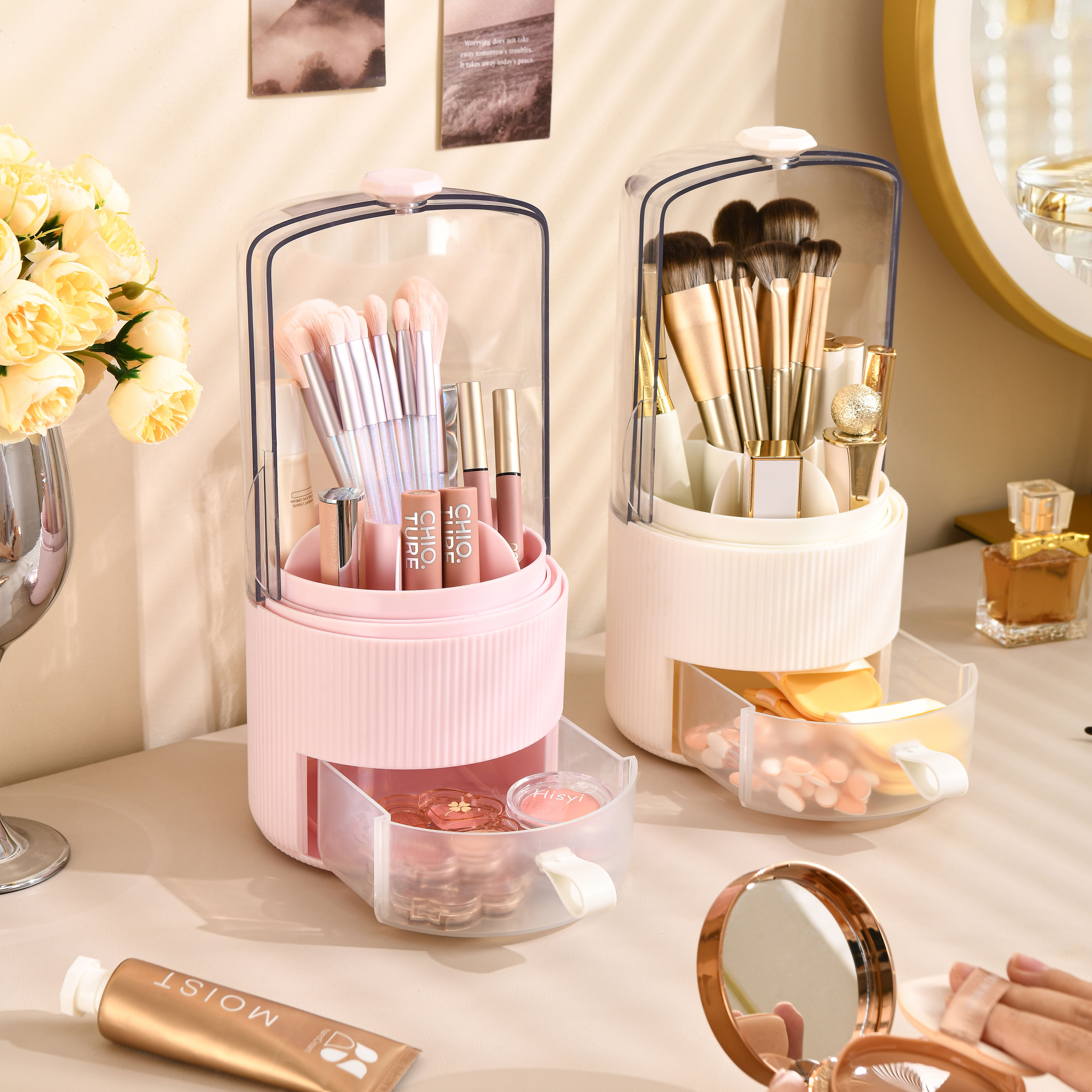 桌面化妆品收纳盒旋转化妆刷收纳盒防尘有盖美妆置物架收纳筒笔筒