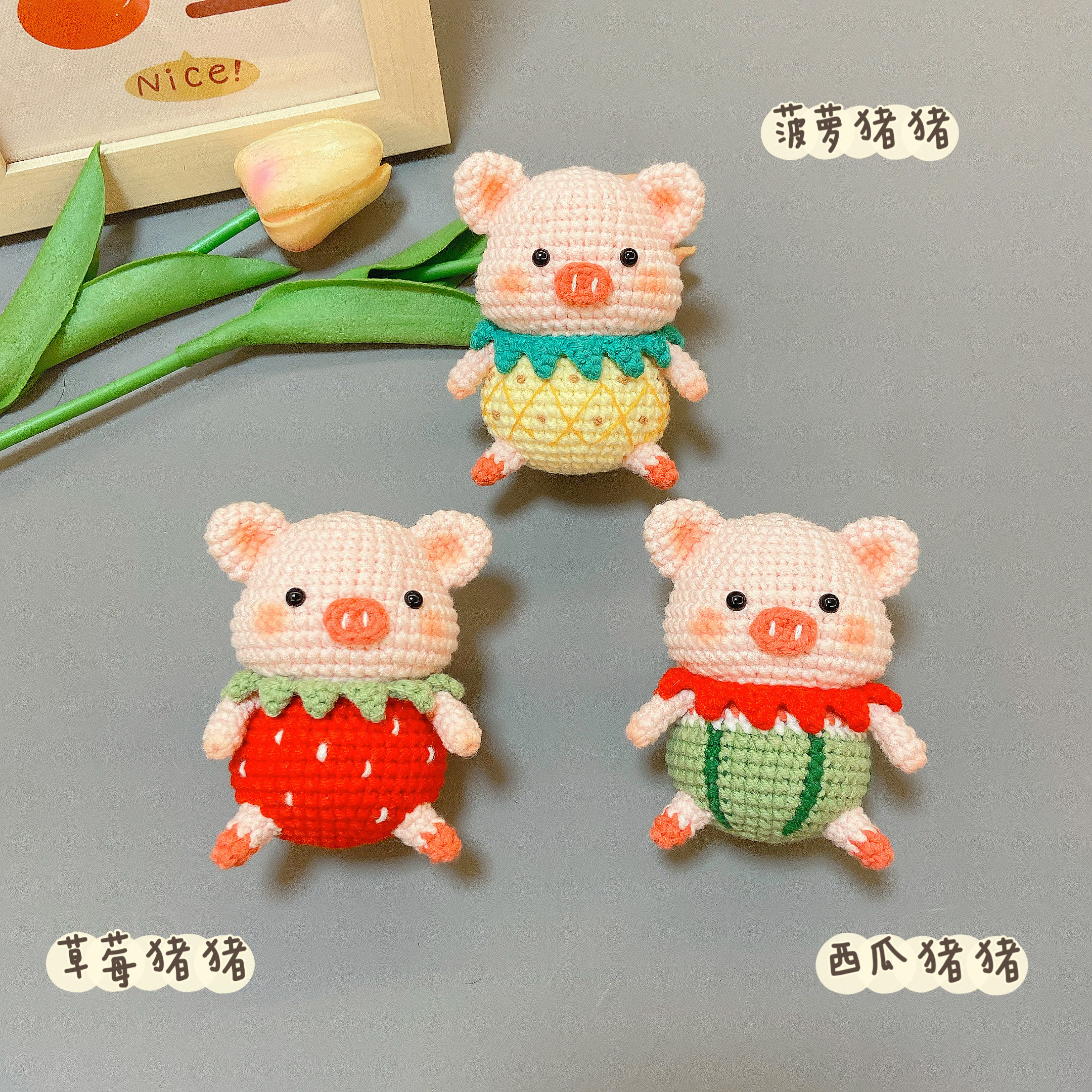 DIY钩针编织小猪材料包西瓜猪DIY编织材料包