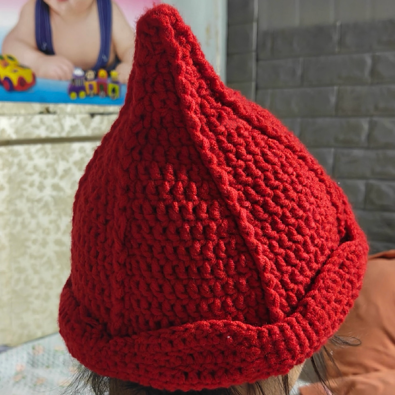 红色毛线针织尖顶帽DIY编织材料包亲子款保暖护耳可爱手工奶嘴帽