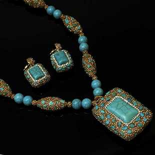 设计师款 手作捷克钻镶嵌绿松石项链毛衣链耳环民族风小众设计感女