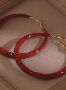 新年高级感红色圈圈耳环耳圈925银女2025年新爆款小众设计感耳饰
