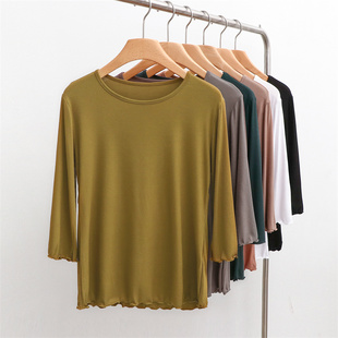 七分袖T恤女莫代尔夏秋圆领内搭休闲打底衫宽松大码韩版螺纹上衣