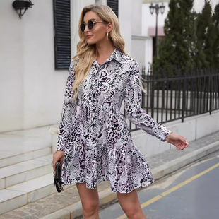 Women Winter Snake Skin Printed Long Sleeve Dress蛇纹连衣裙