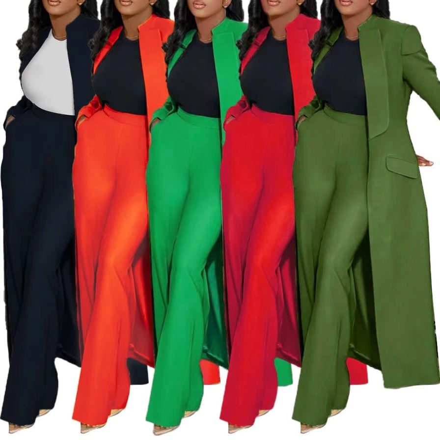 欧美纯色翻领长款西装两件套 women casual long coat+pants set
