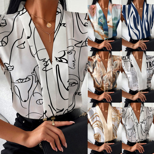 Women's fashion casual printed V-neck top shirt女v领上衣衬衫