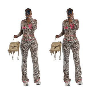 Women's leopard print zipper cardigan+pants two-piece set