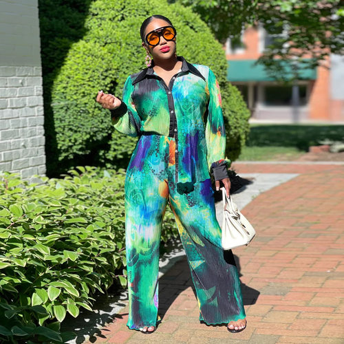 Women printed pleated long sleeved+wide leg pants set女套装
